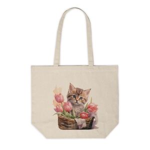 Floral Cat in a Basket Custom Canvas Tote Bag